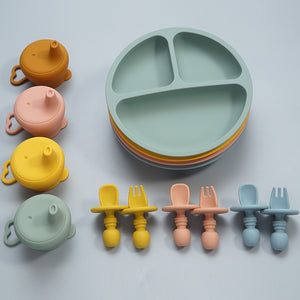 Soft Silicone Toddler Tableware: Dinner Plate, Fork, Spoon, and Cup Cover